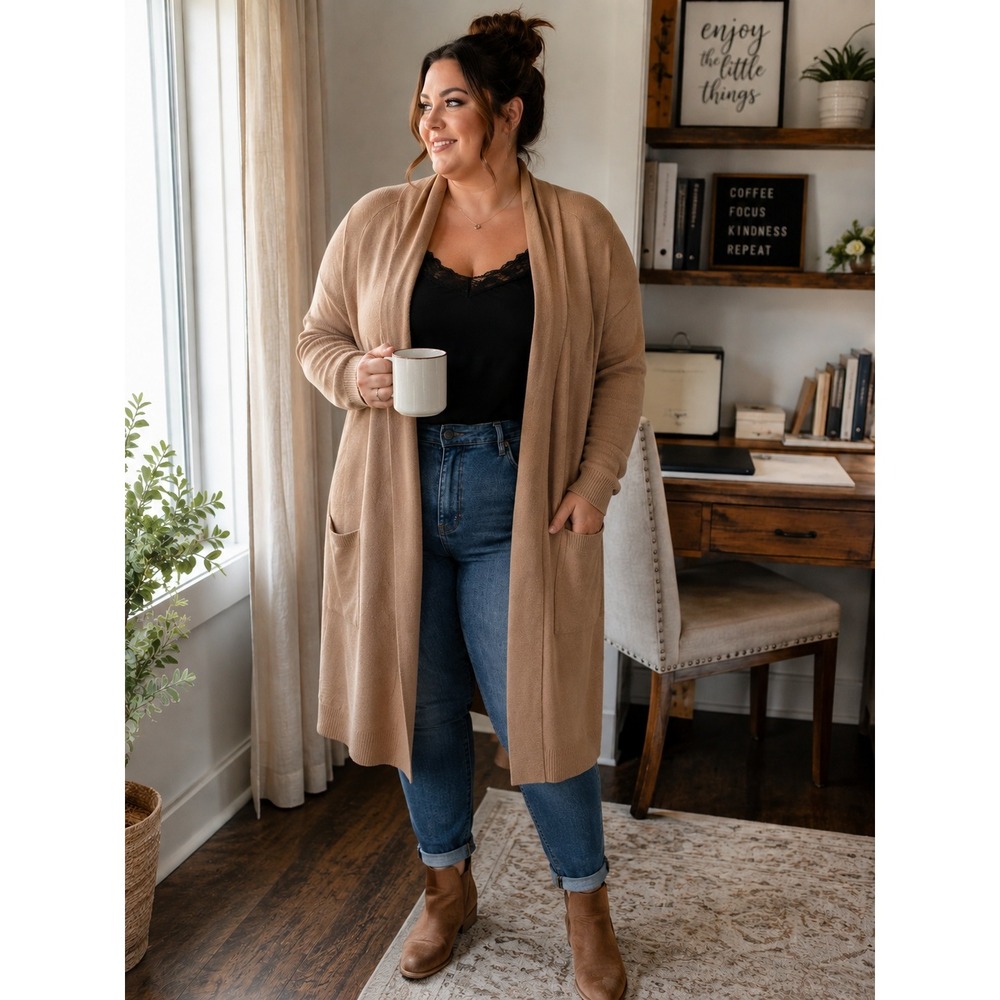 Torrid Size 1 Long Cardigan Sweater Tan Camel Open Front Pockets Plus Size